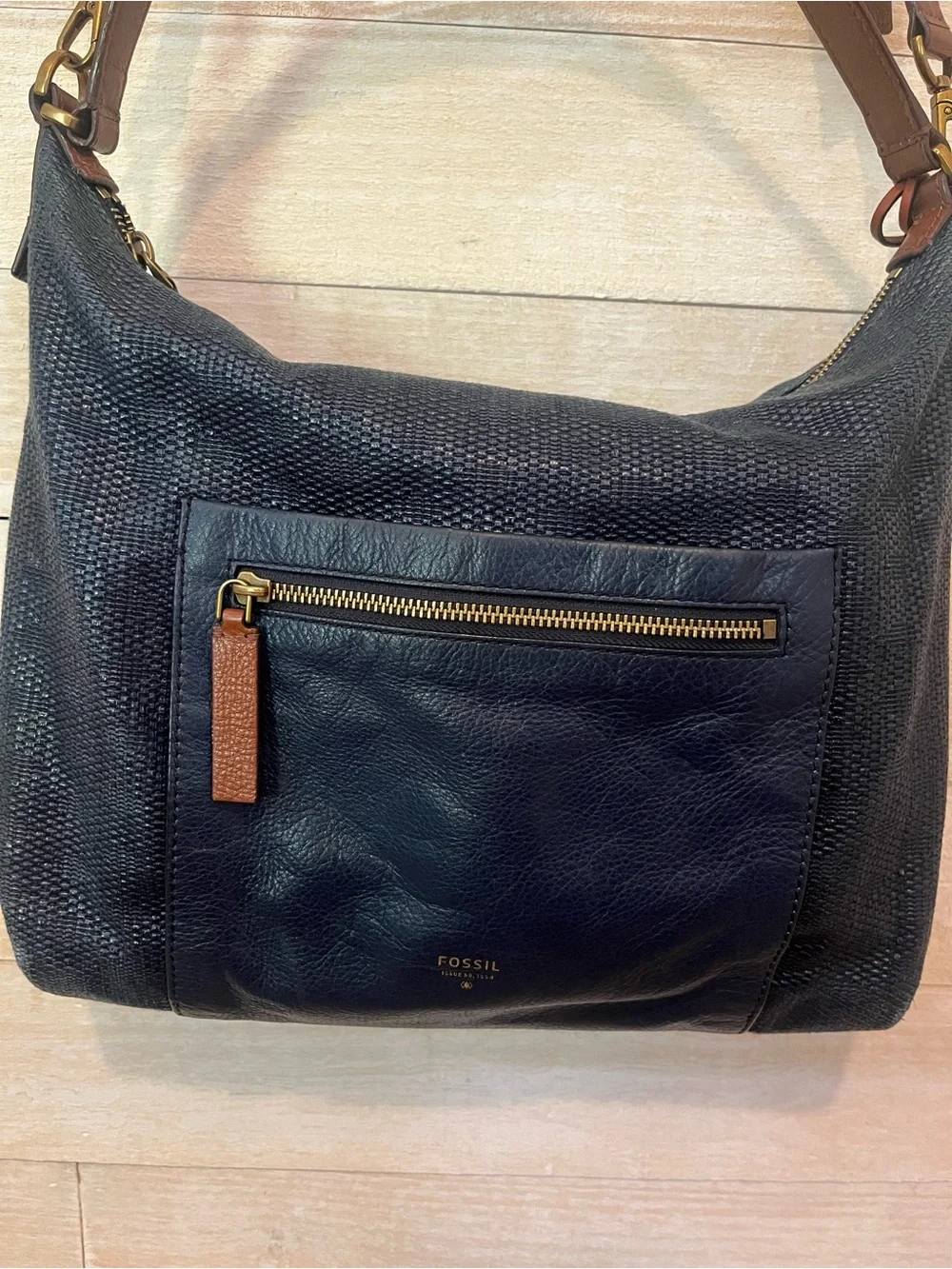 Fossil Woven Navy Hobo Shoulder Bag with Brown Leather Trim
